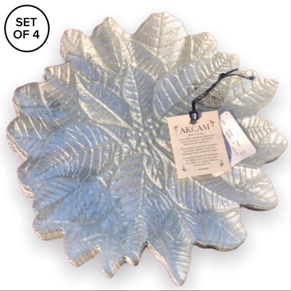 [akcam] NWT Set of Four 8” Plates - Silver Glitter Poinsettia Design